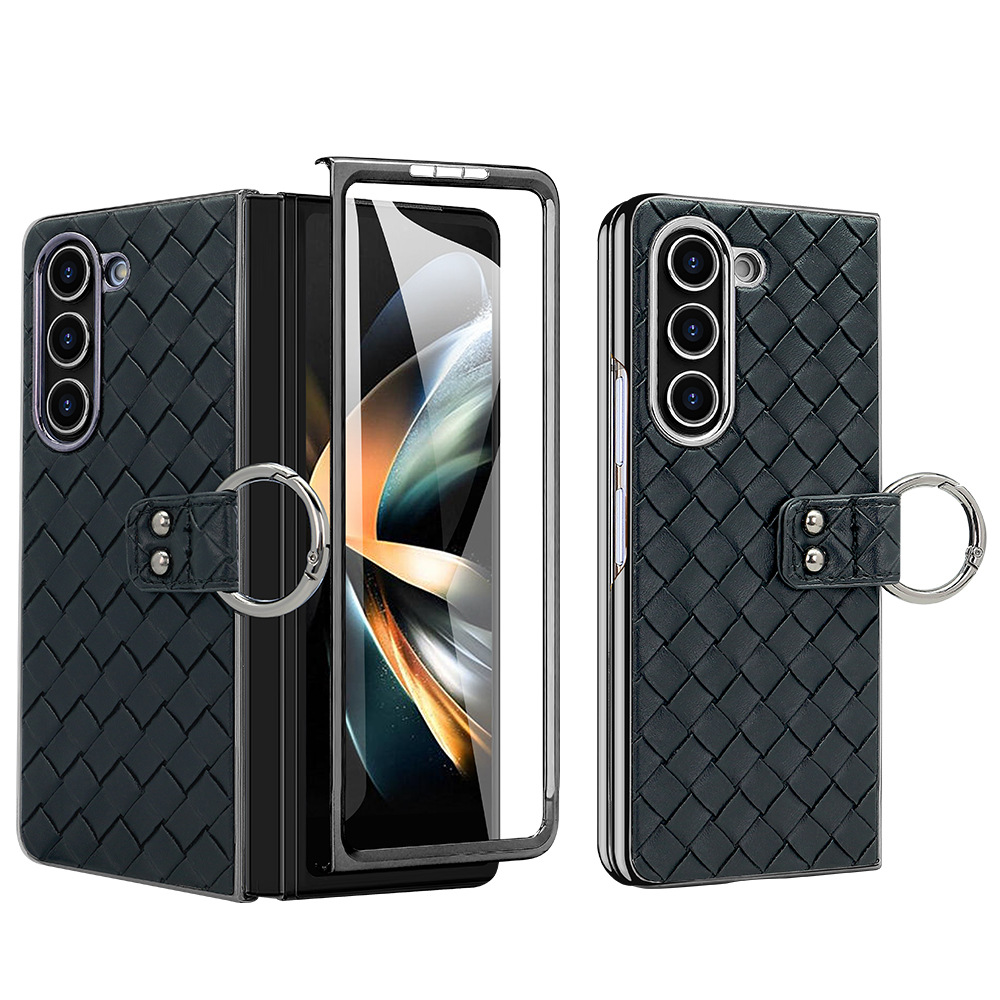 Compatible with Samsung Z Flip 7/6/5 phone case, electroplated woven texture ring holder case, 3/4 drop-proof protective case