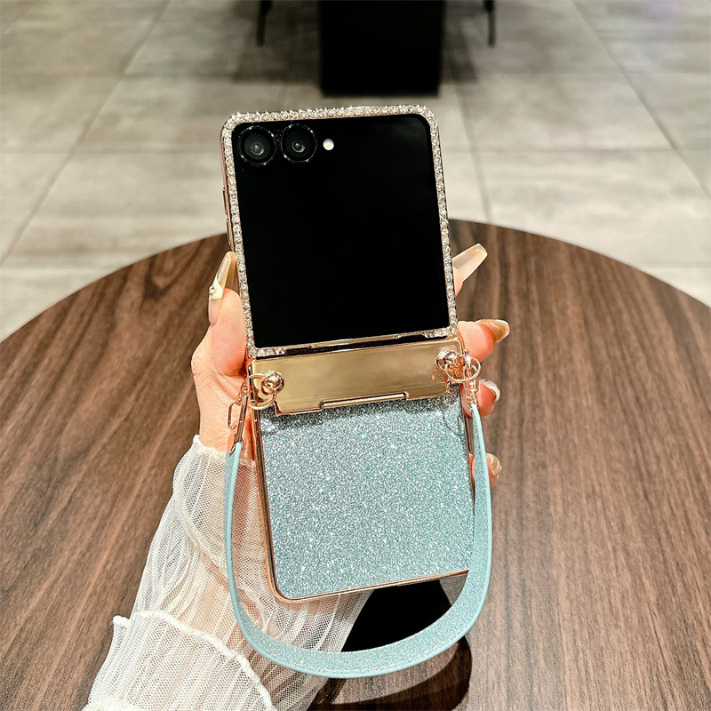 Compatible with Samsung Z Flip 8/7 phone case, 6/5 glitter, stylish wrist strap, 4/3 folding screen protective case