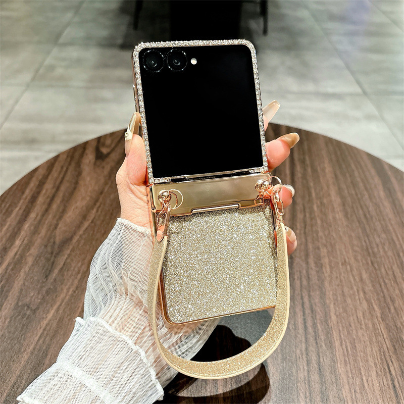 Compatible with Samsung Z Flip 8/7 phone case, 6/5 glitter, stylish wrist strap, 4/3 folding screen protective case