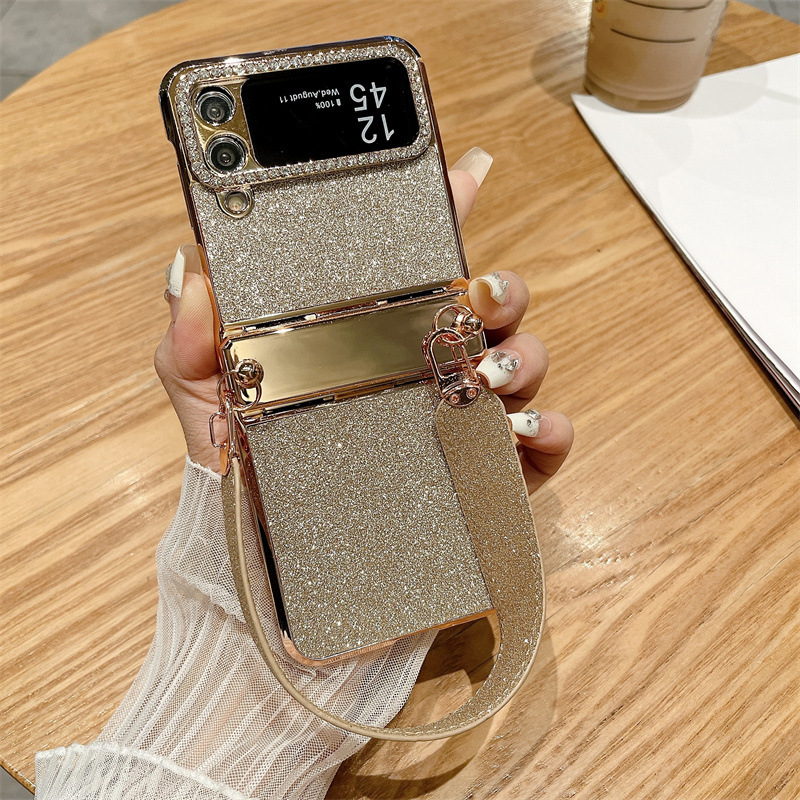 Compatible with Samsung Z Flip 8/7 phone case, 6/5 glitter, stylish wrist strap, 4/3 folding screen protective case