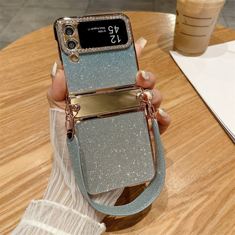 Compatible with Samsung Z Flip 8/7 phone case, 6/5 glitter, stylish wrist strap, 4/3 folding screen protective case