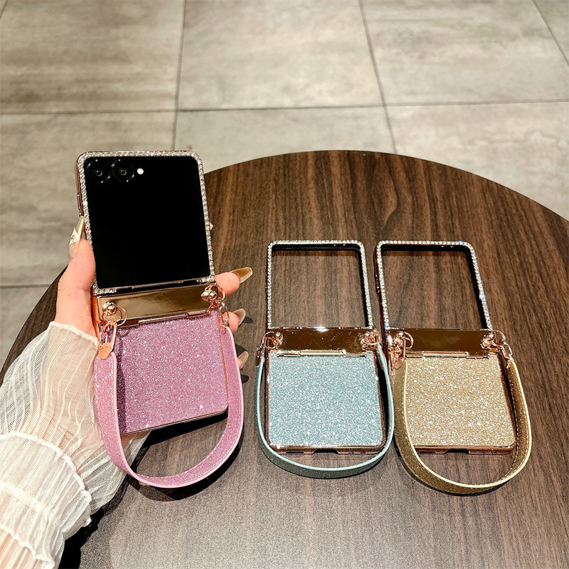 Compatible with Samsung Z Flip 8/7 phone case, 6/5 glitter, stylish wrist strap, 4/3 folding screen protective case