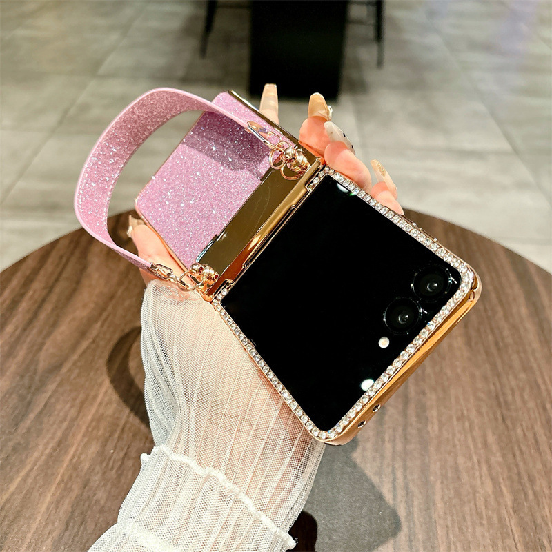 Compatible with Samsung Z Flip 8/7 phone case, 6/5 glitter, stylish wrist strap, 4/3 folding screen protective case