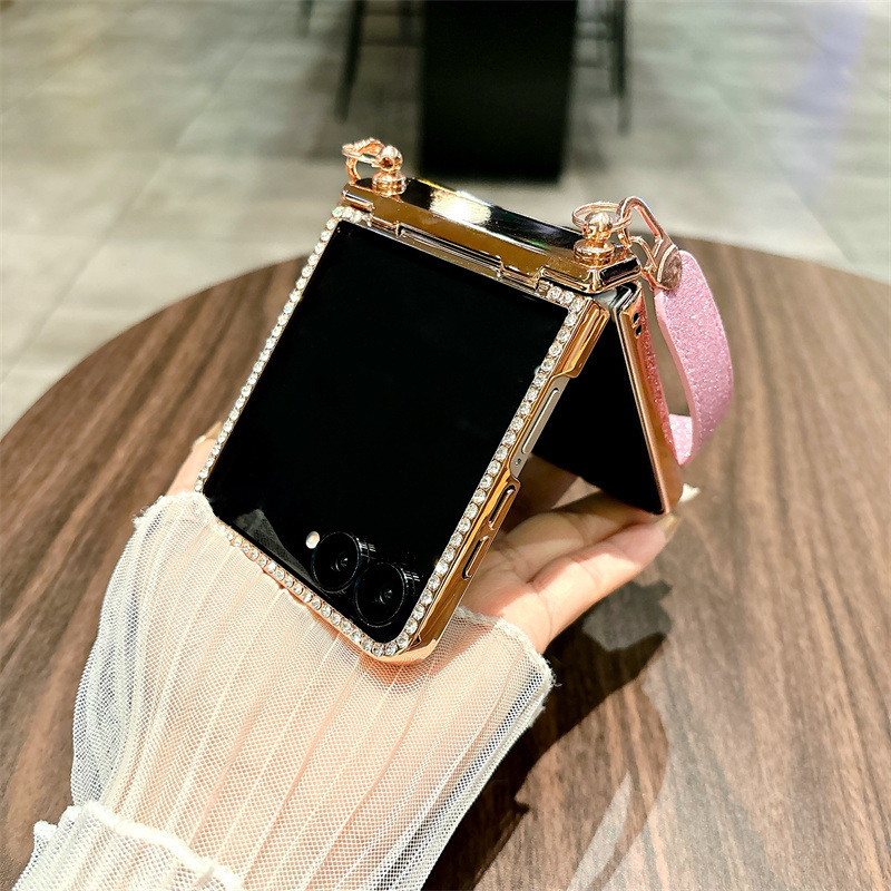 Compatible with Samsung Z Flip 8/7 phone case, 6/5 glitter, stylish wrist strap, 4/3 folding screen protective case