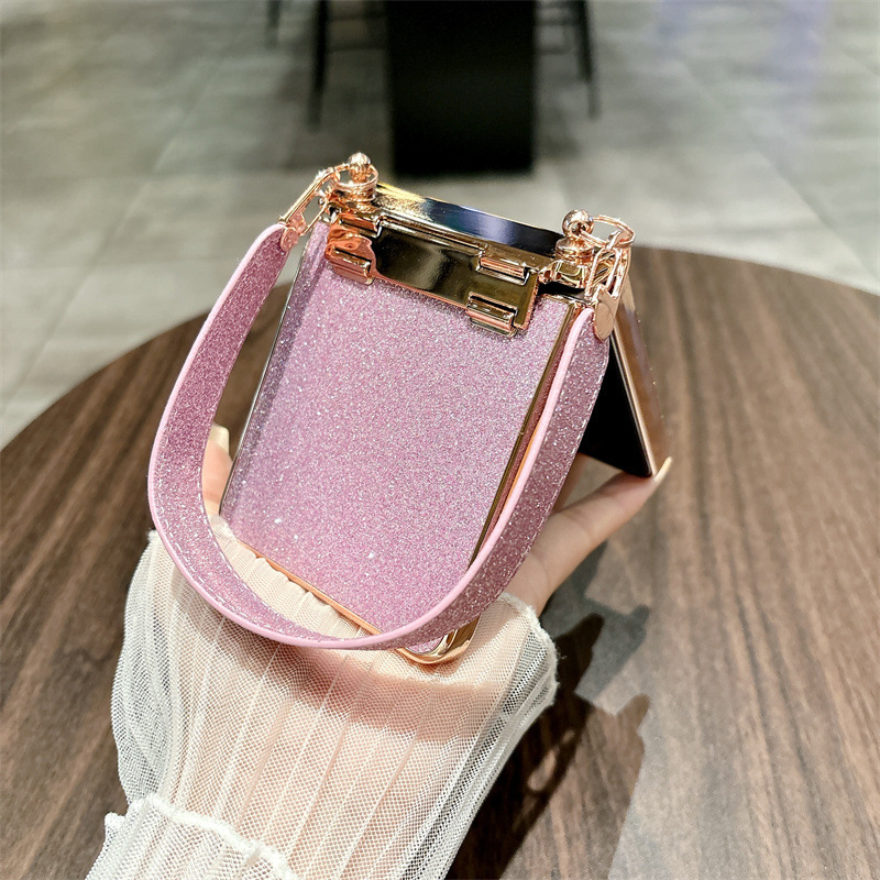 Compatible with Samsung Z Flip 8/7 phone case, 6/5 glitter, stylish wrist strap, 4/3 folding screen protective case
