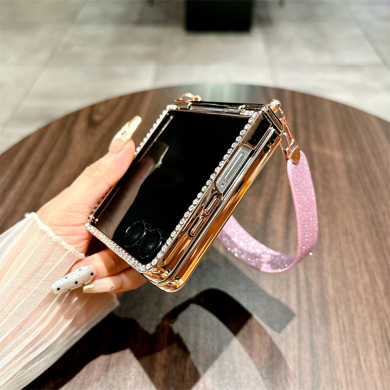 Compatible with Samsung Z Flip 8/7 phone case, 6/5 glitter, stylish wrist strap, 4/3 folding screen protective case