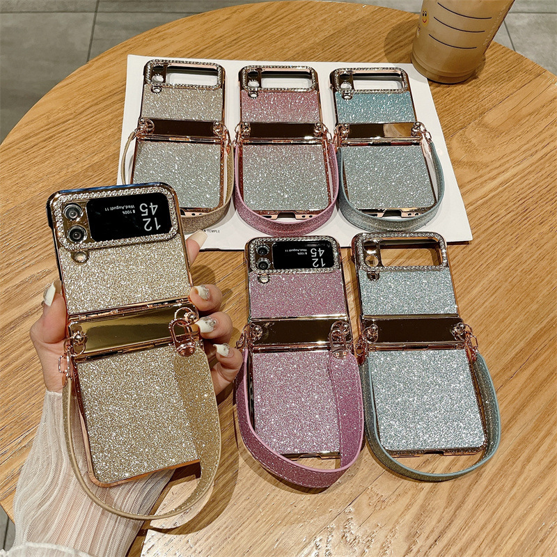 Compatible with Samsung Z Flip 8/7 phone case, 6/5 glitter, stylish wrist strap, 4/3 folding screen protective case