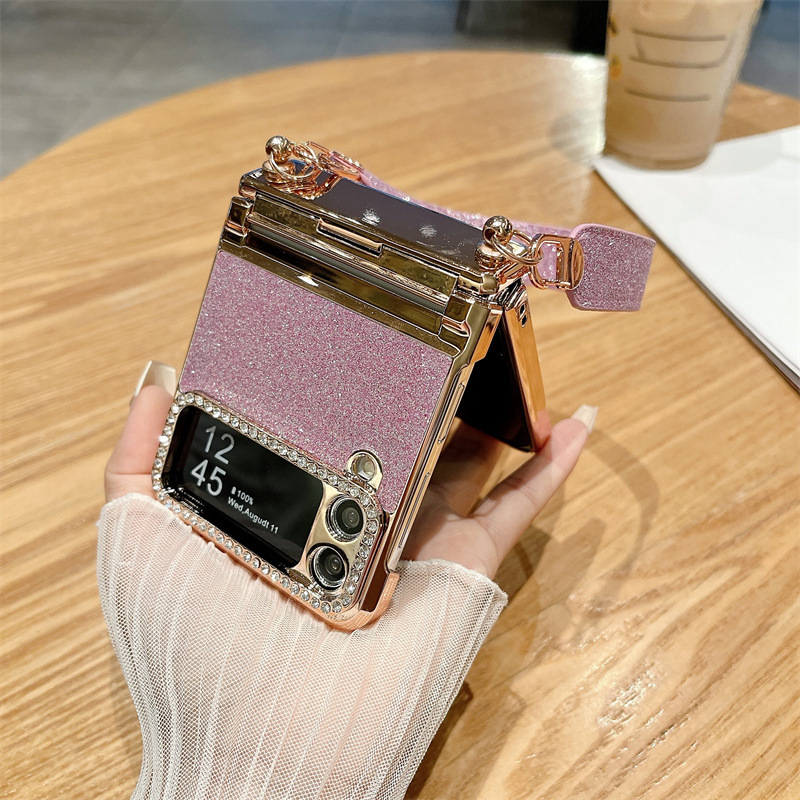 Compatible with Samsung Z Flip 8/7 phone case, 6/5 glitter, stylish wrist strap, 4/3 folding screen protective case