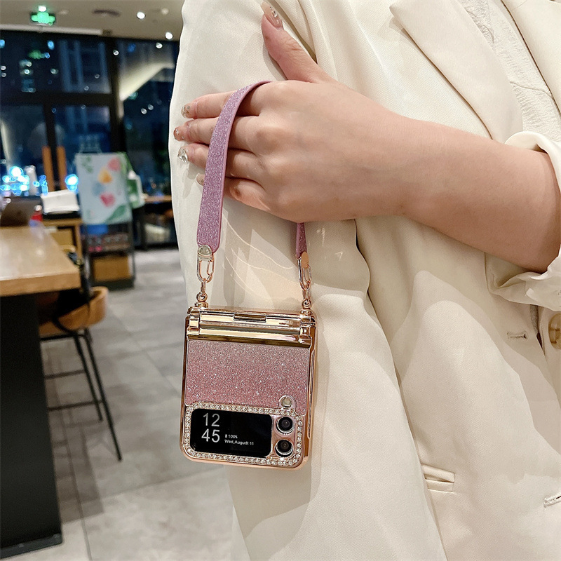 Compatible with Samsung Z Flip 8/7 phone case, 6/5 glitter, stylish wrist strap, 4/3 folding screen protective case