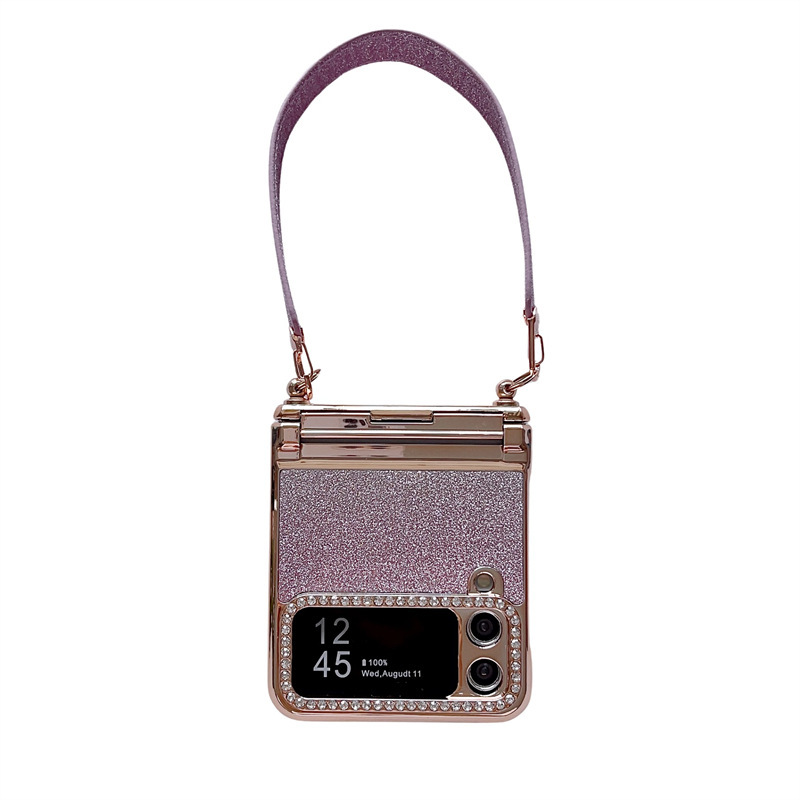 Compatible with Samsung Z Flip 8/7 phone case, 6/5 glitter, stylish wrist strap, 4/3 folding screen protective case