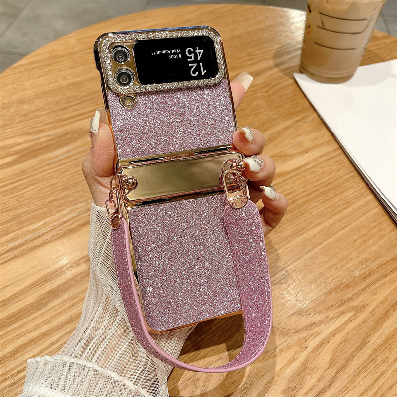 Compatible with Samsung Z Flip 8/7 phone case, 6/5 glitter, stylish wrist strap, 4/3 folding screen protective case