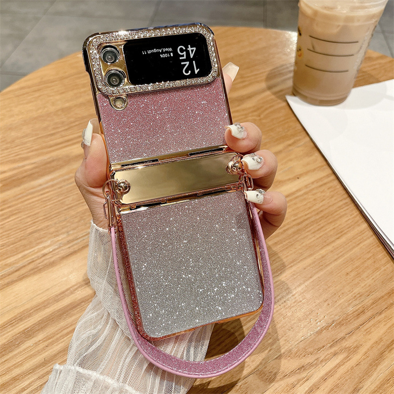 Compatible with Samsung Z Flip 8/7 phone case, 6/5 glitter, stylish wrist strap, 4/3 folding screen protective case