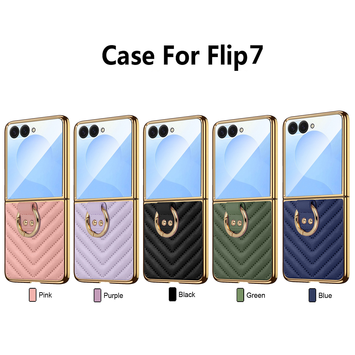 Compatible with Samsung Z Flip 7/6/5 phone cases, 4/3-inch electroplated leather V-pattern ring case, shockproof protective case.