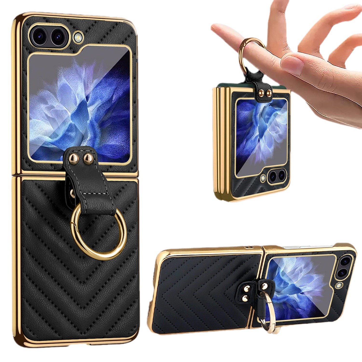 Compatible with Samsung Z Flip 7/6/5 phone cases, 4/3-inch electroplated leather V-pattern ring case, shockproof protective case.