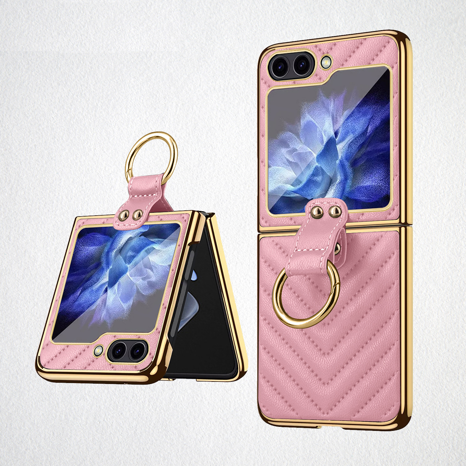 Compatible with Samsung Z Flip 7/6/5 phone cases, 4/3-inch electroplated leather V-pattern ring case, shockproof protective case.