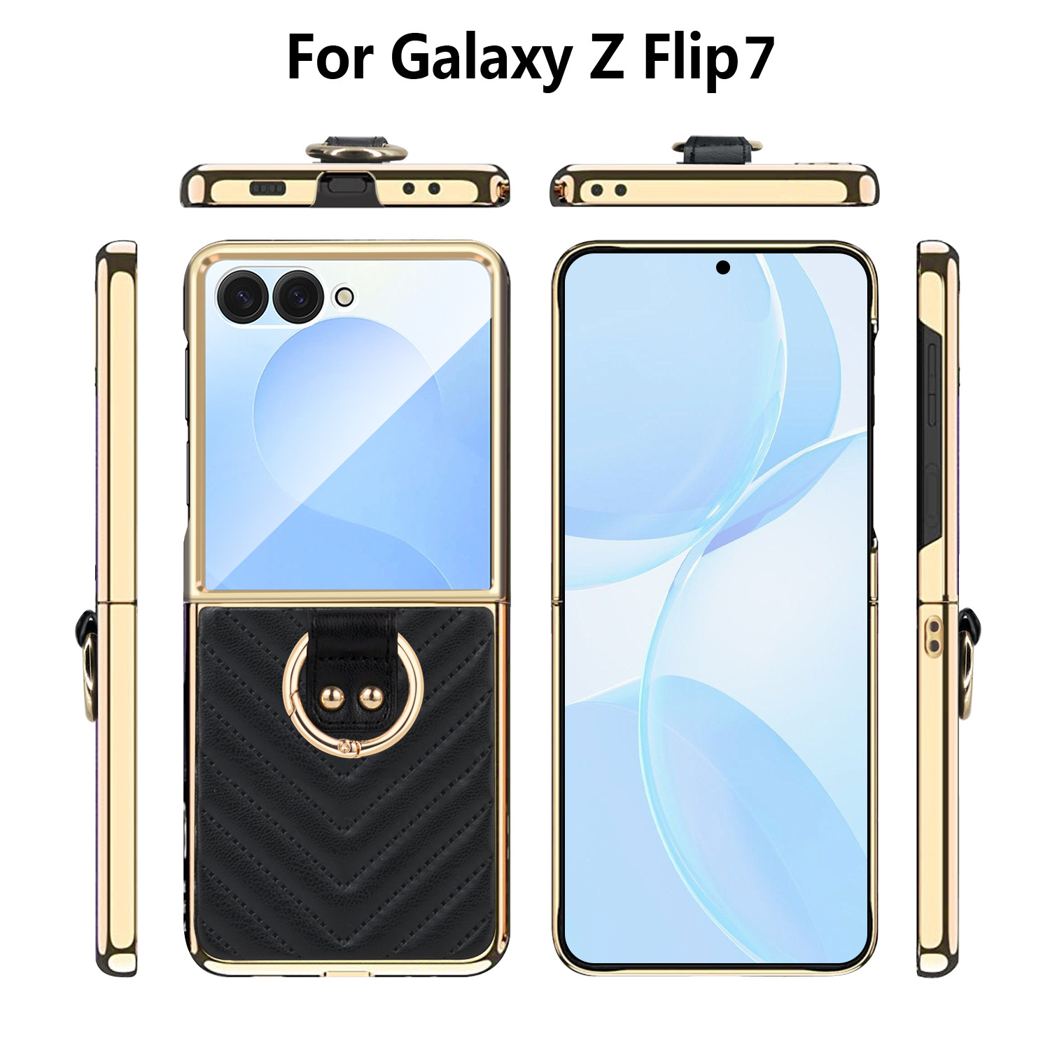 Compatible with Samsung Z Flip 7/6/5 phone cases, 4/3-inch electroplated leather V-pattern ring case, shockproof protective case.
