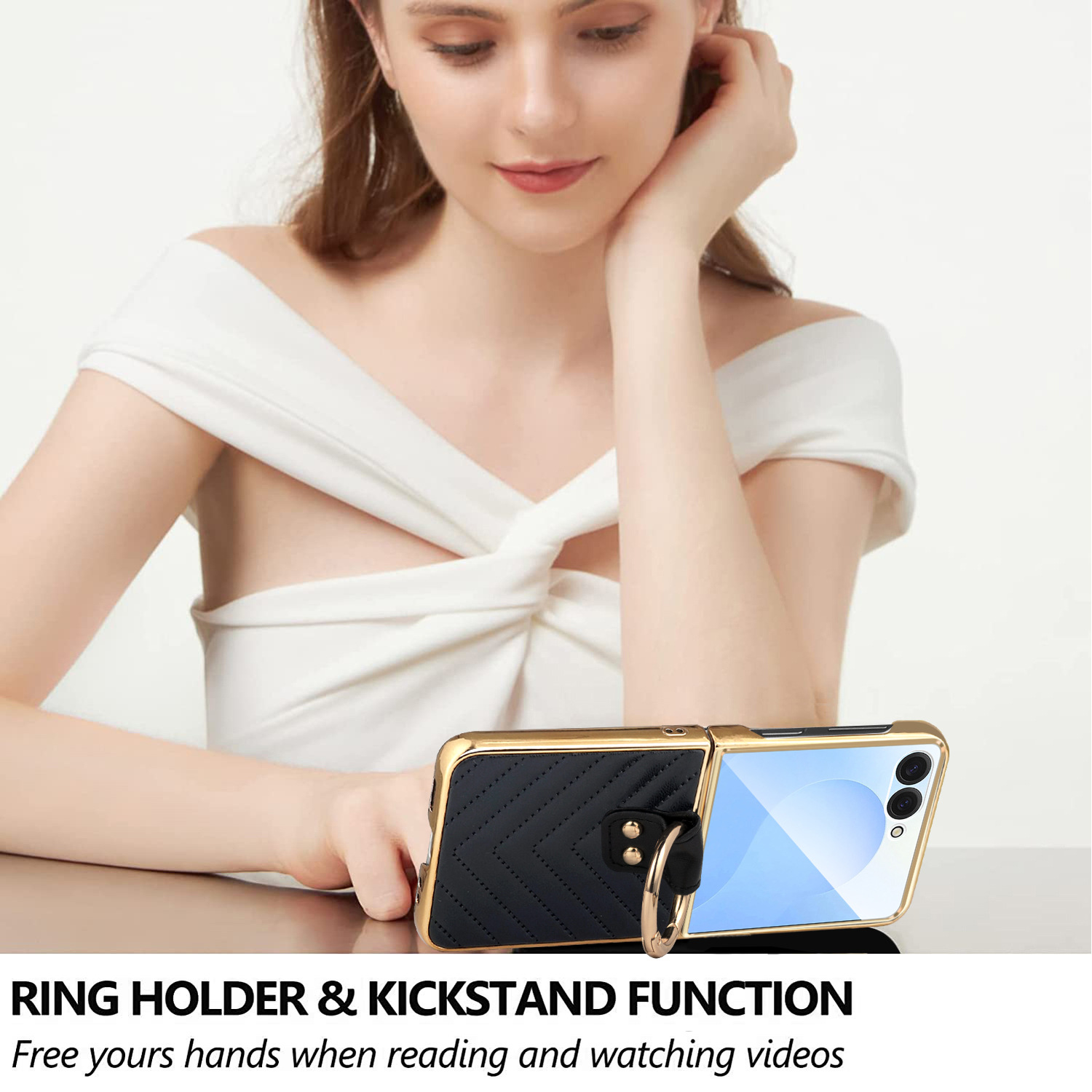Compatible with Samsung Z Flip 7/6/5 phone cases, 4/3-inch electroplated leather V-pattern ring case, shockproof protective case.