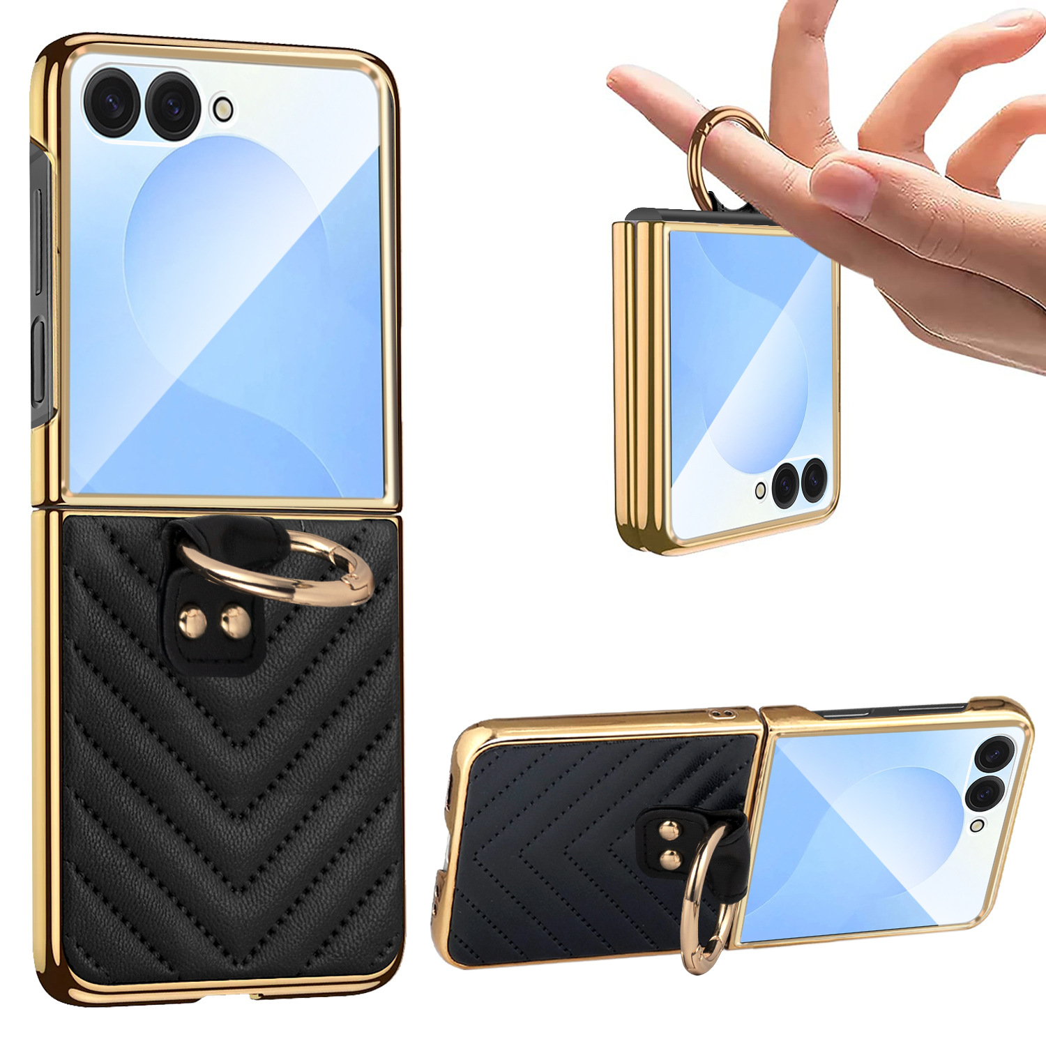 Compatible with Samsung Z Flip 7/6/5 phone cases, 4/3-inch electroplated leather V-pattern ring case, shockproof protective case.