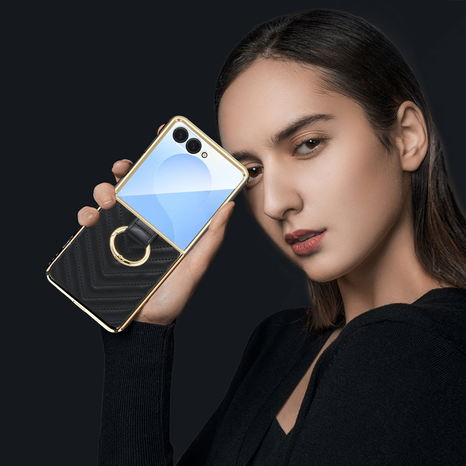 Compatible with Samsung Z Flip 7/6/5 phone cases, 4/3-inch electroplated leather V-pattern ring case, shockproof protective case.