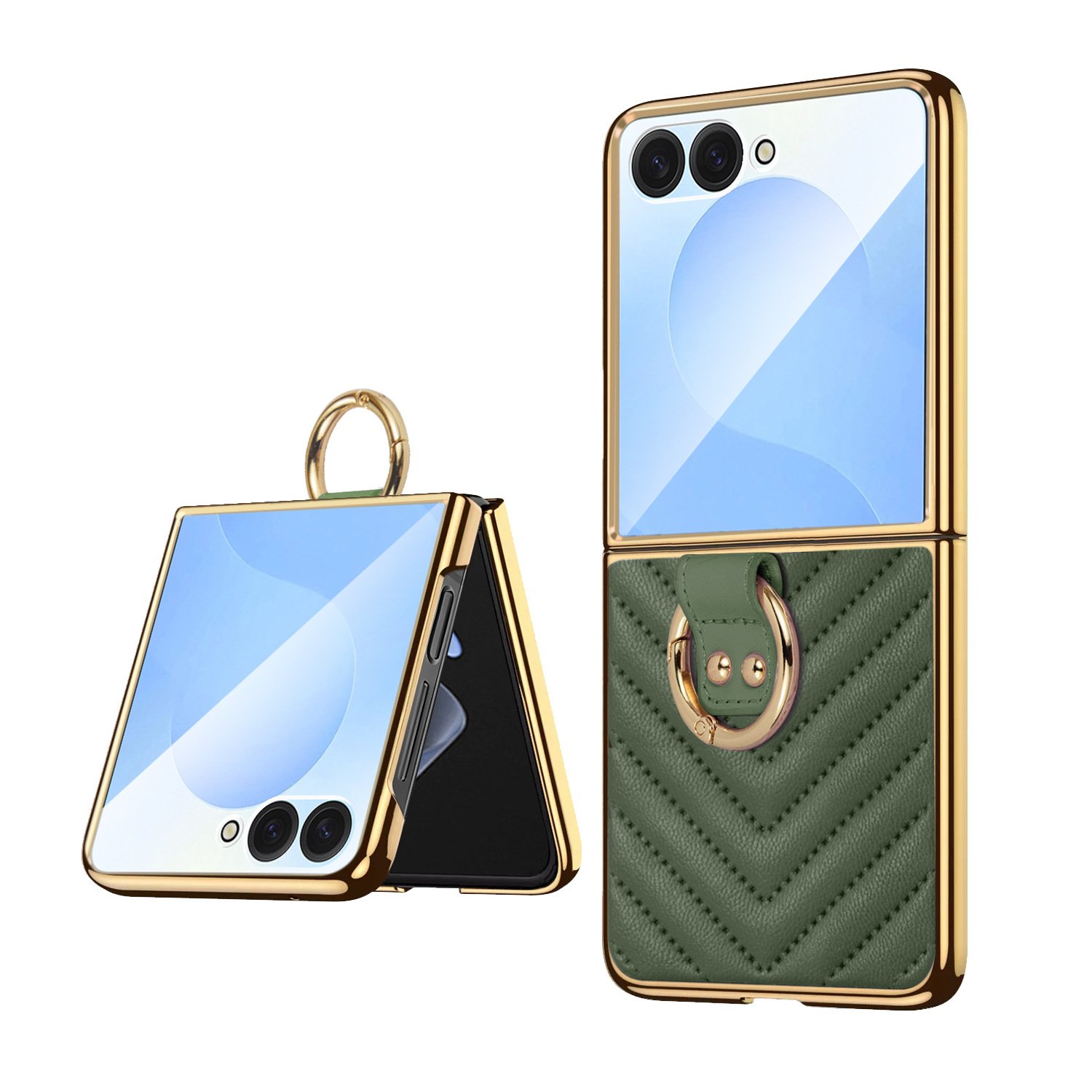 Compatible with Samsung Z Flip 7/6/5 phone cases, 4/3-inch electroplated leather V-pattern ring case, shockproof protective case.
