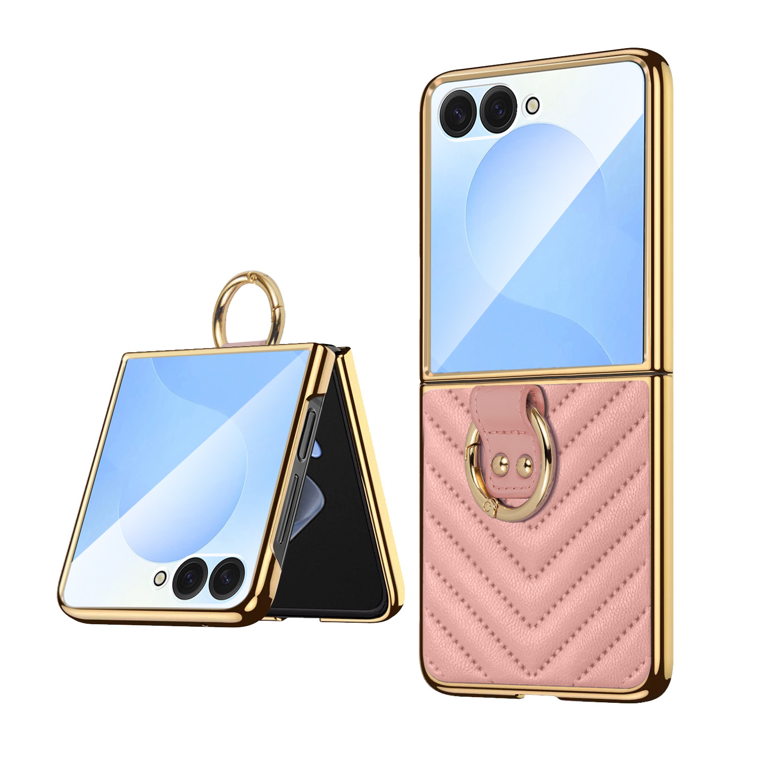 Compatible with Samsung Z Flip 7/6/5 phone cases, 4/3-inch electroplated leather V-pattern ring case, shockproof protective case.