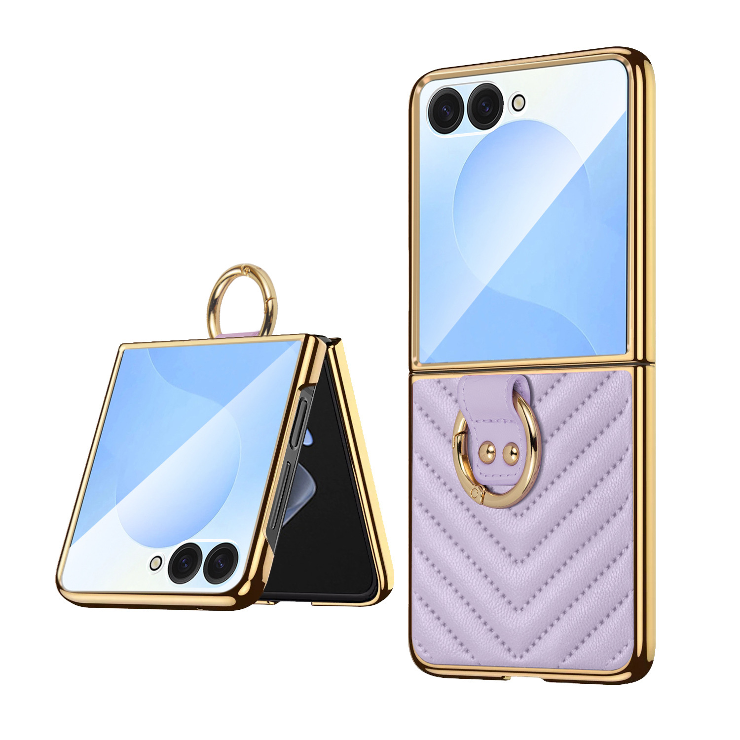 Compatible with Samsung Z Flip 7/6/5 phone cases, 4/3-inch electroplated leather V-pattern ring case, shockproof protective case.