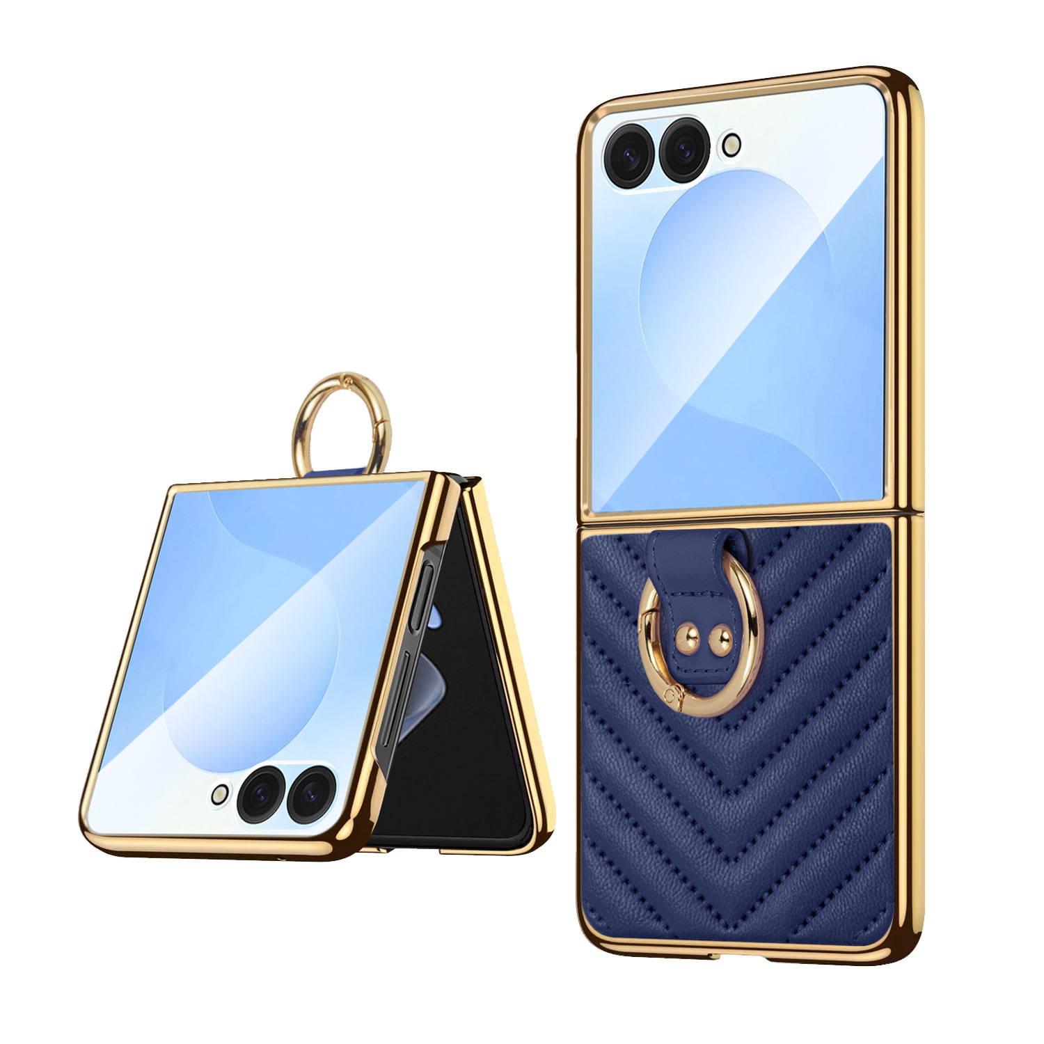 Compatible with Samsung Z Flip 7/6/5 phone cases, 4/3-inch electroplated leather V-pattern ring case, shockproof protective case.