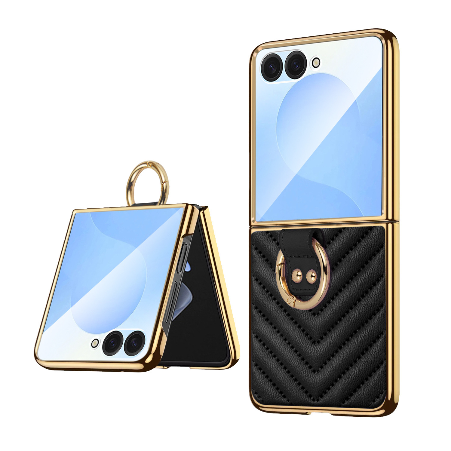 Compatible with Samsung Z Flip 7/6/5 phone cases, 4/3-inch electroplated leather V-pattern ring case, shockproof protective case.