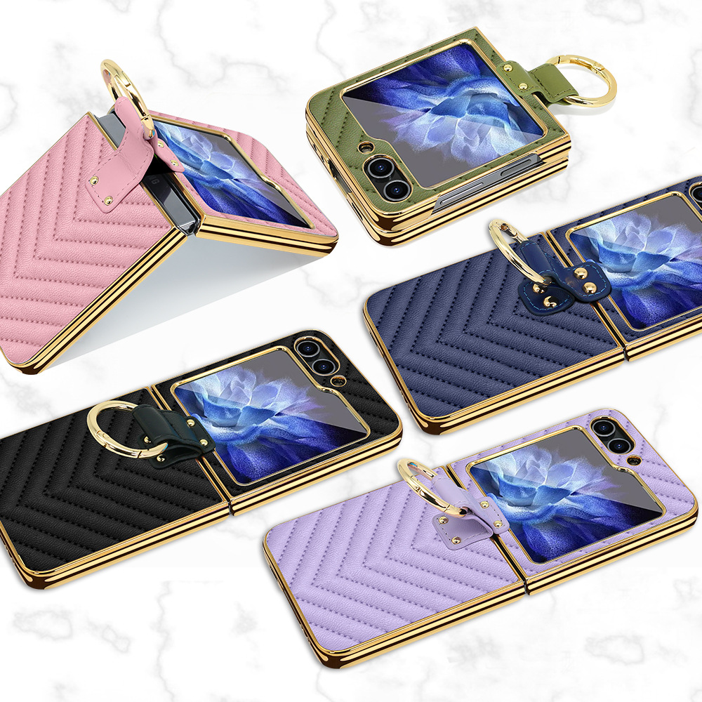 Compatible with Samsung Z Flip 7/6/5 phone cases, 4/3-inch electroplated leather V-pattern ring case, shockproof protective case.