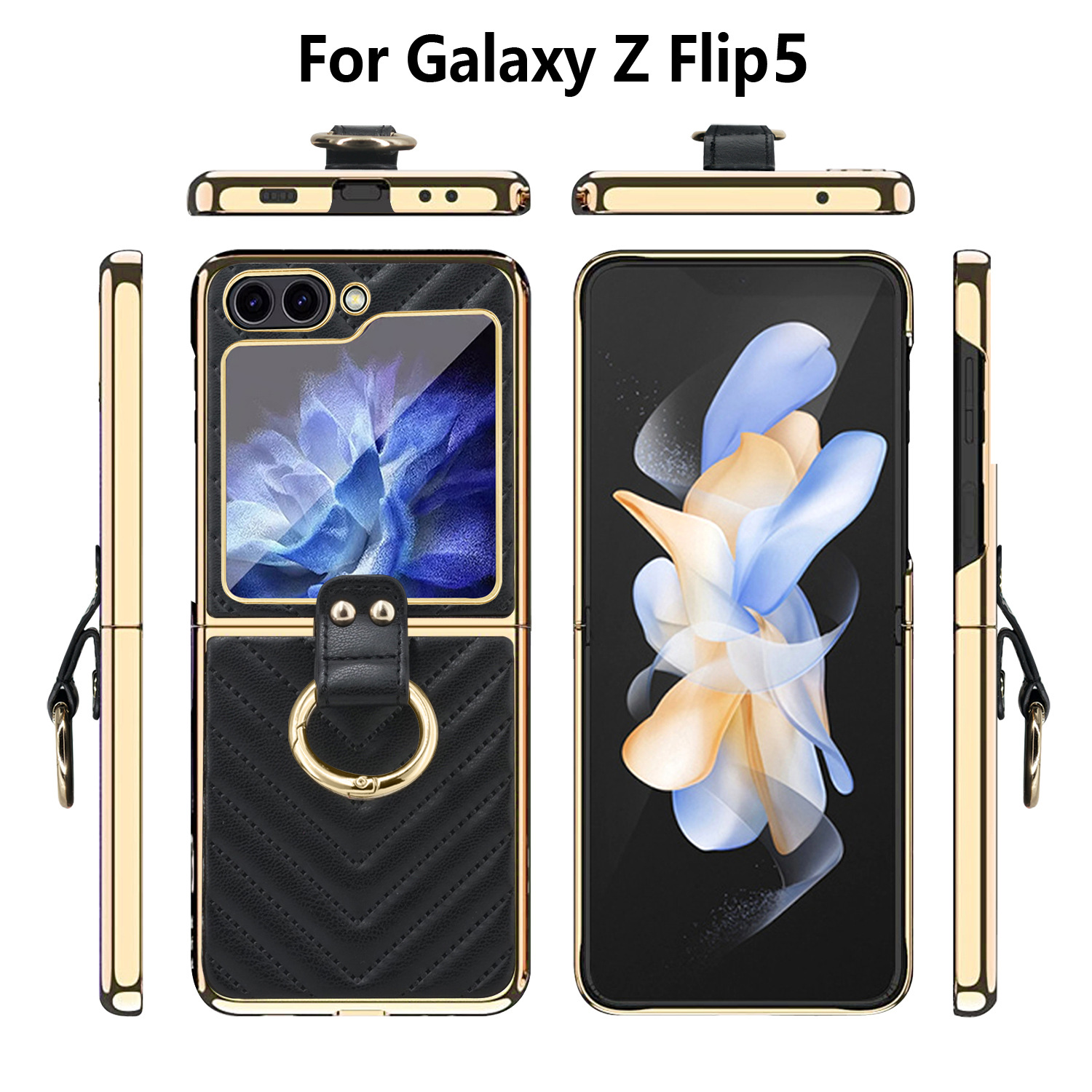 Compatible with Samsung Z Flip 7/6/5 phone cases, 4/3-inch electroplated leather V-pattern ring case, shockproof protective case.