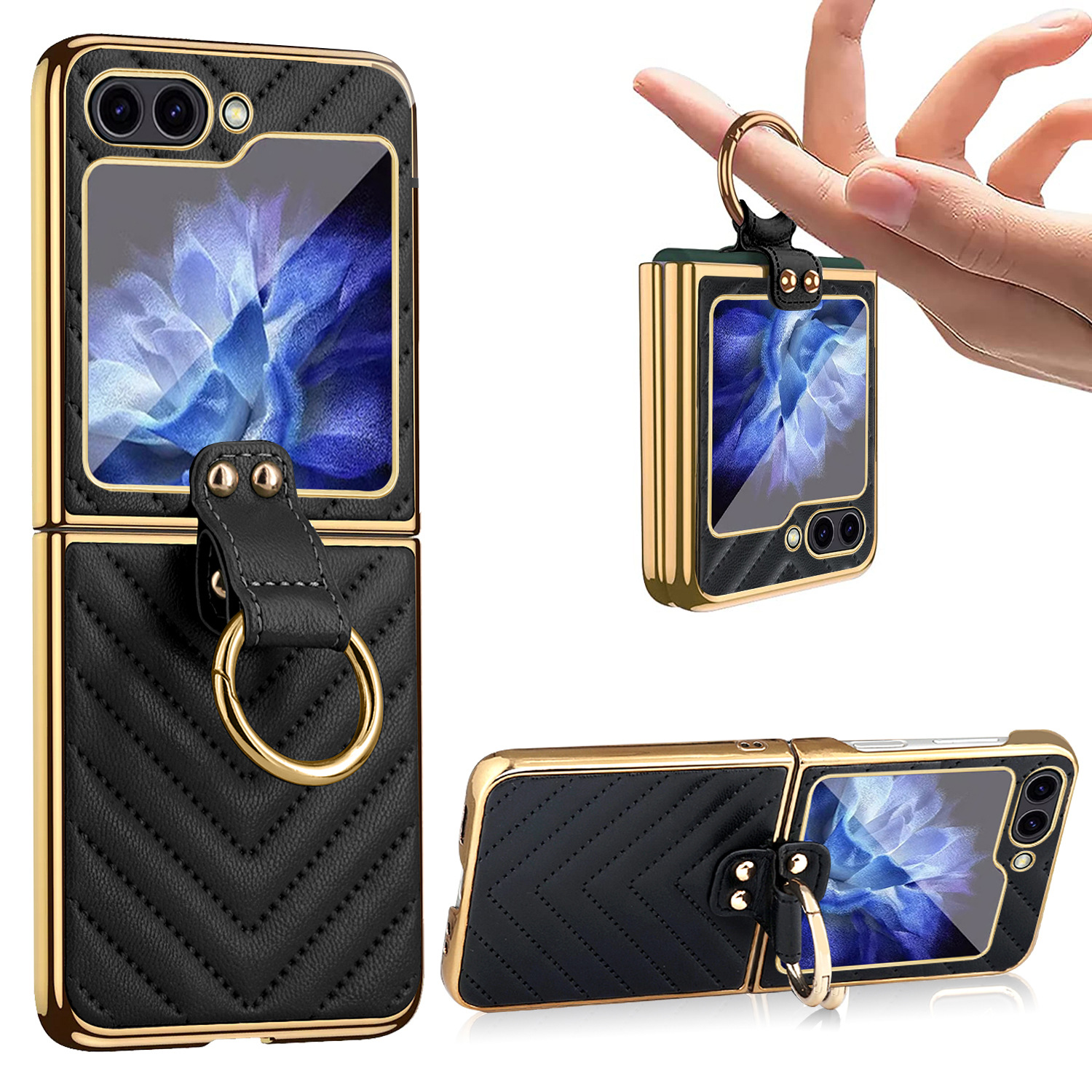 Compatible with Samsung Z Flip 7/6/5 phone cases, 4/3-inch electroplated leather V-pattern ring case, shockproof protective case.