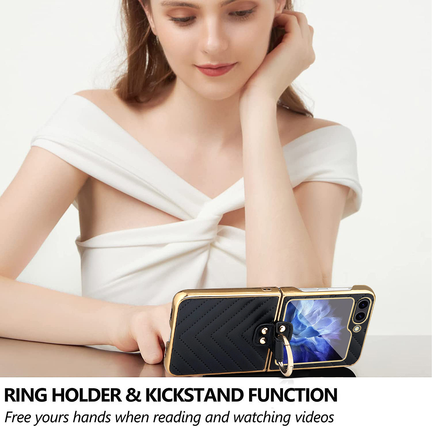 Compatible with Samsung Z Flip 7/6/5 phone cases, 4/3-inch electroplated leather V-pattern ring case, shockproof protective case.