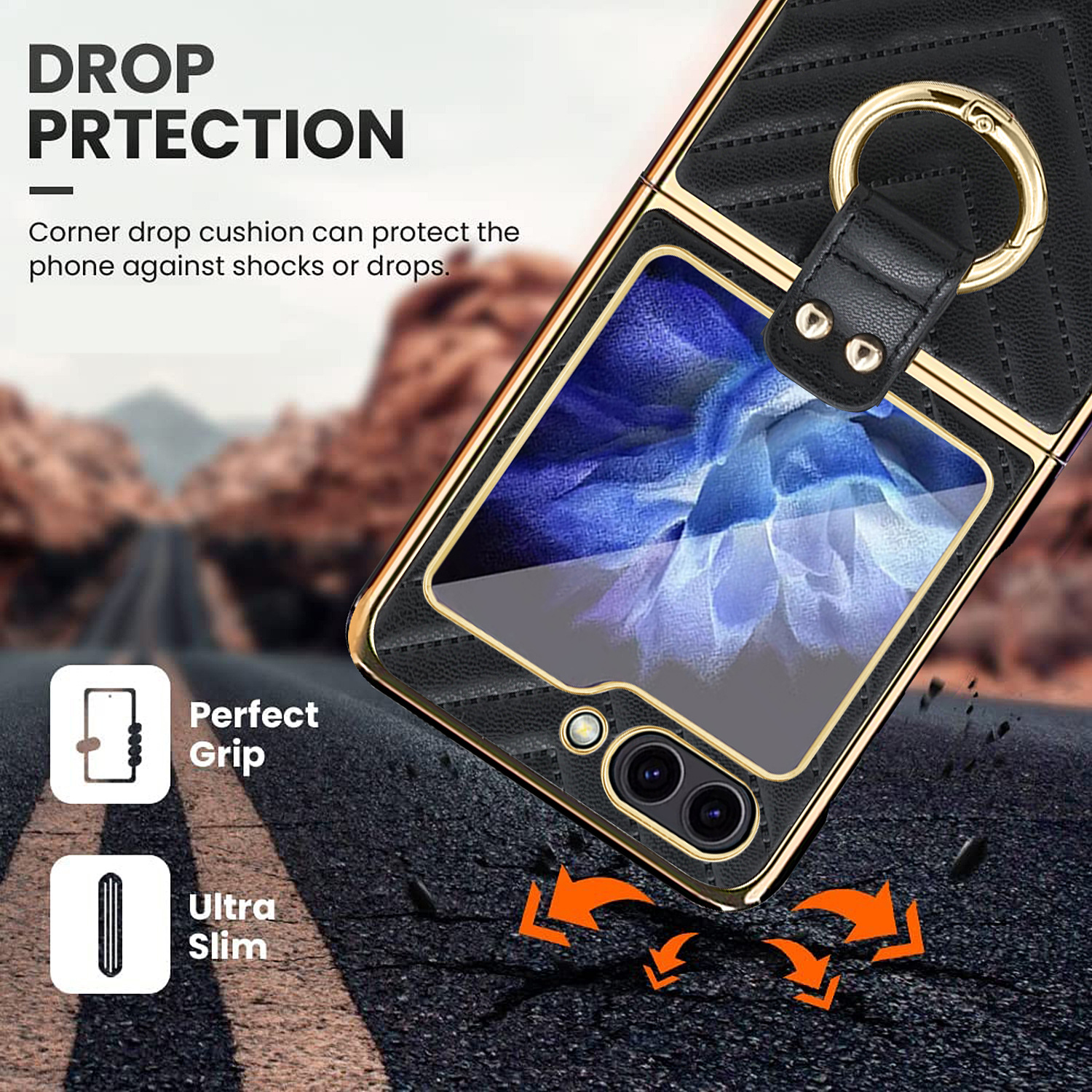 Compatible with Samsung Z Flip 7/6/5 phone cases, 4/3-inch electroplated leather V-pattern ring case, shockproof protective case.