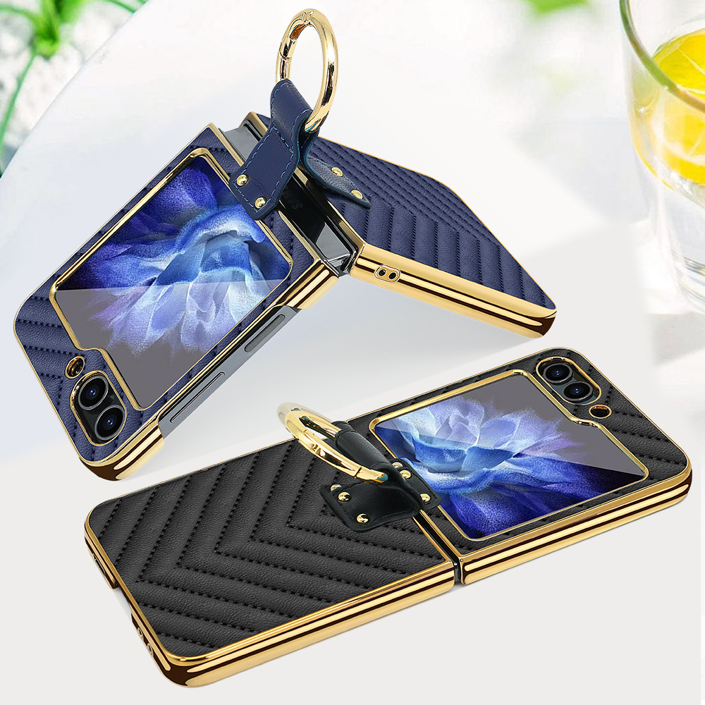 Compatible with Samsung Z Flip 7/6/5 phone cases, 4/3-inch electroplated leather V-pattern ring case, shockproof protective case.