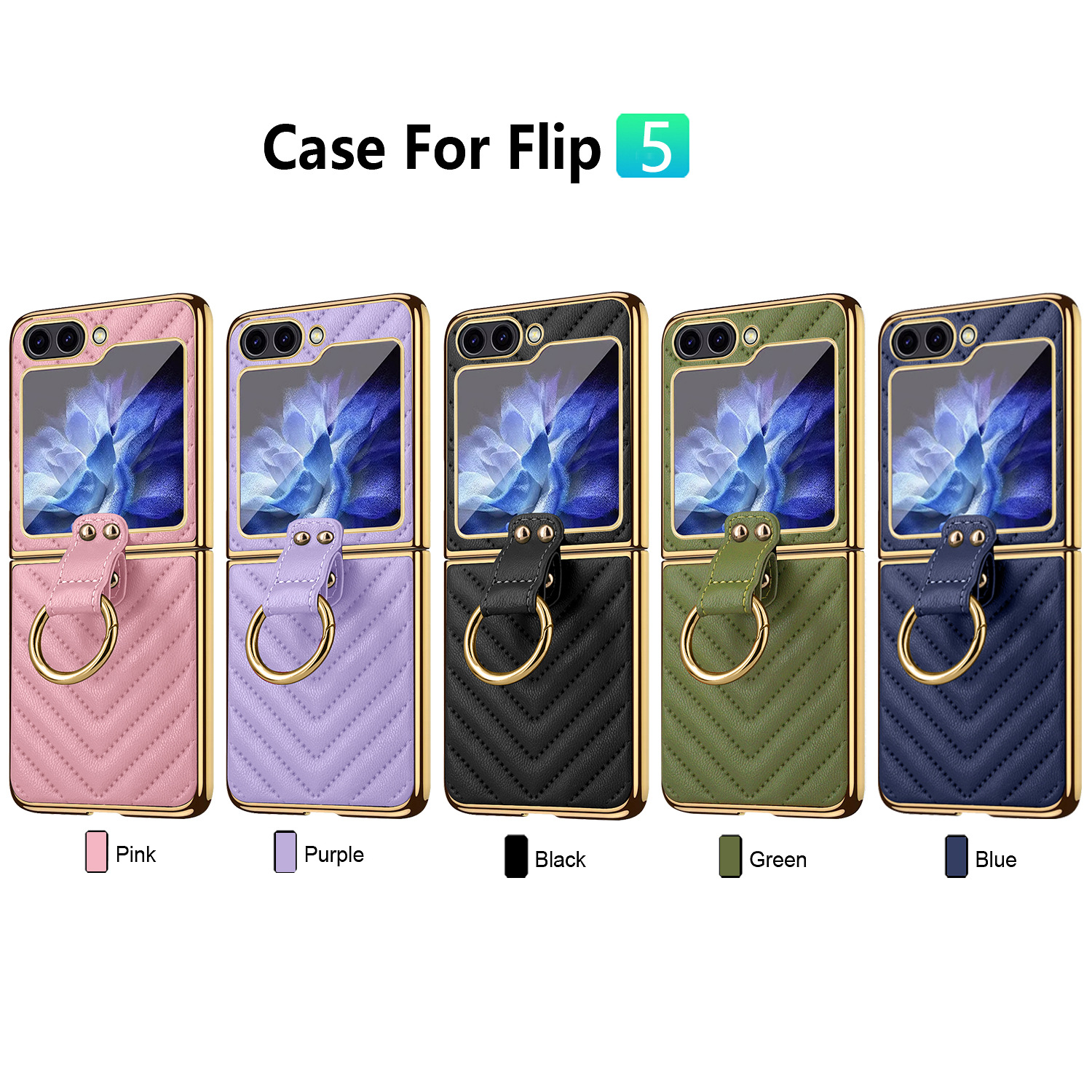 Compatible with Samsung Z Flip 7/6/5 phone cases, 4/3-inch electroplated leather V-pattern ring case, shockproof protective case.