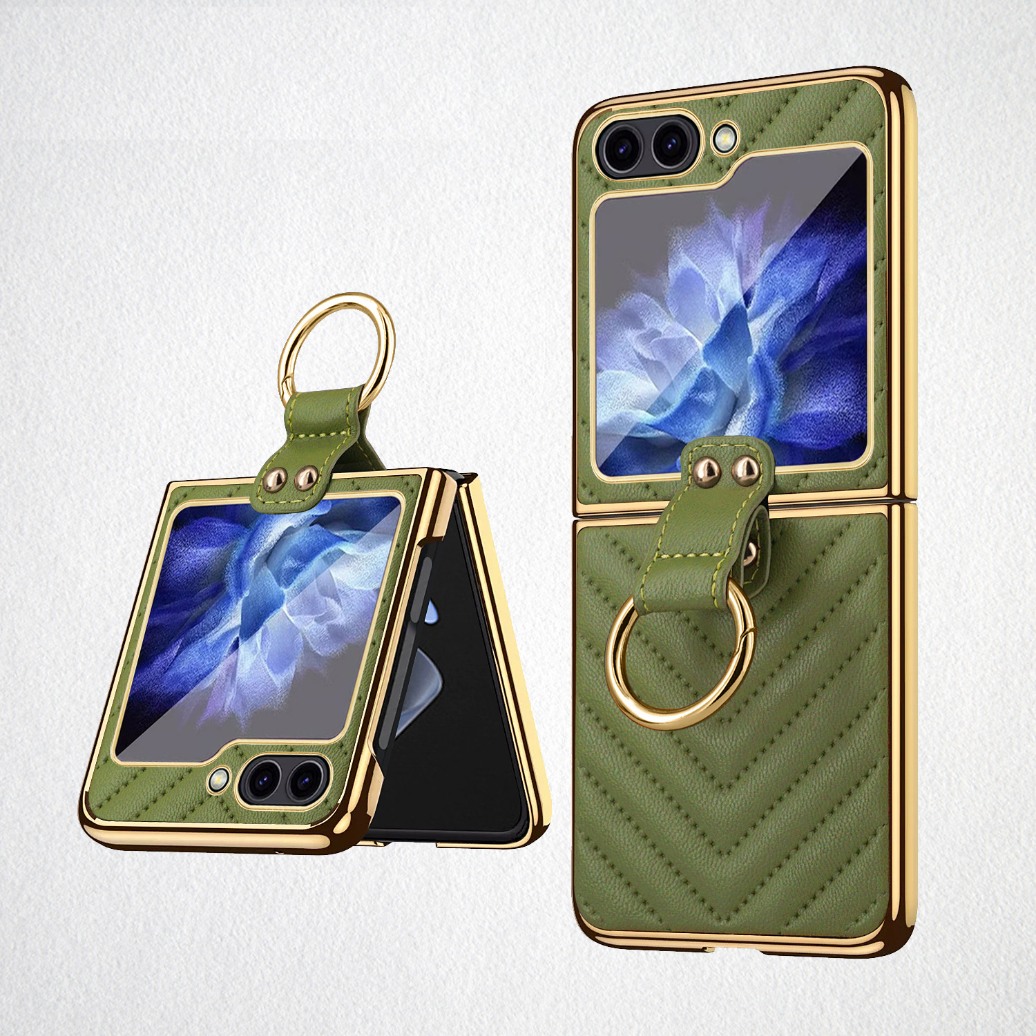 Compatible with Samsung Z Flip 7/6/5 phone cases, 4/3-inch electroplated leather V-pattern ring case, shockproof protective case.