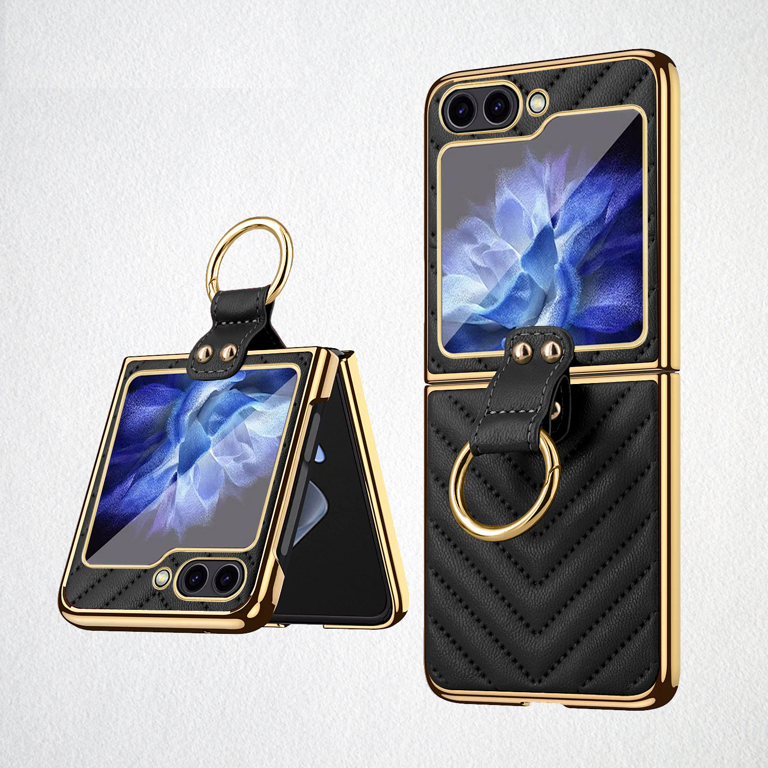 Compatible with Samsung Z Flip 7/6/5 phone cases, 4/3-inch electroplated leather V-pattern ring case, shockproof protective case.