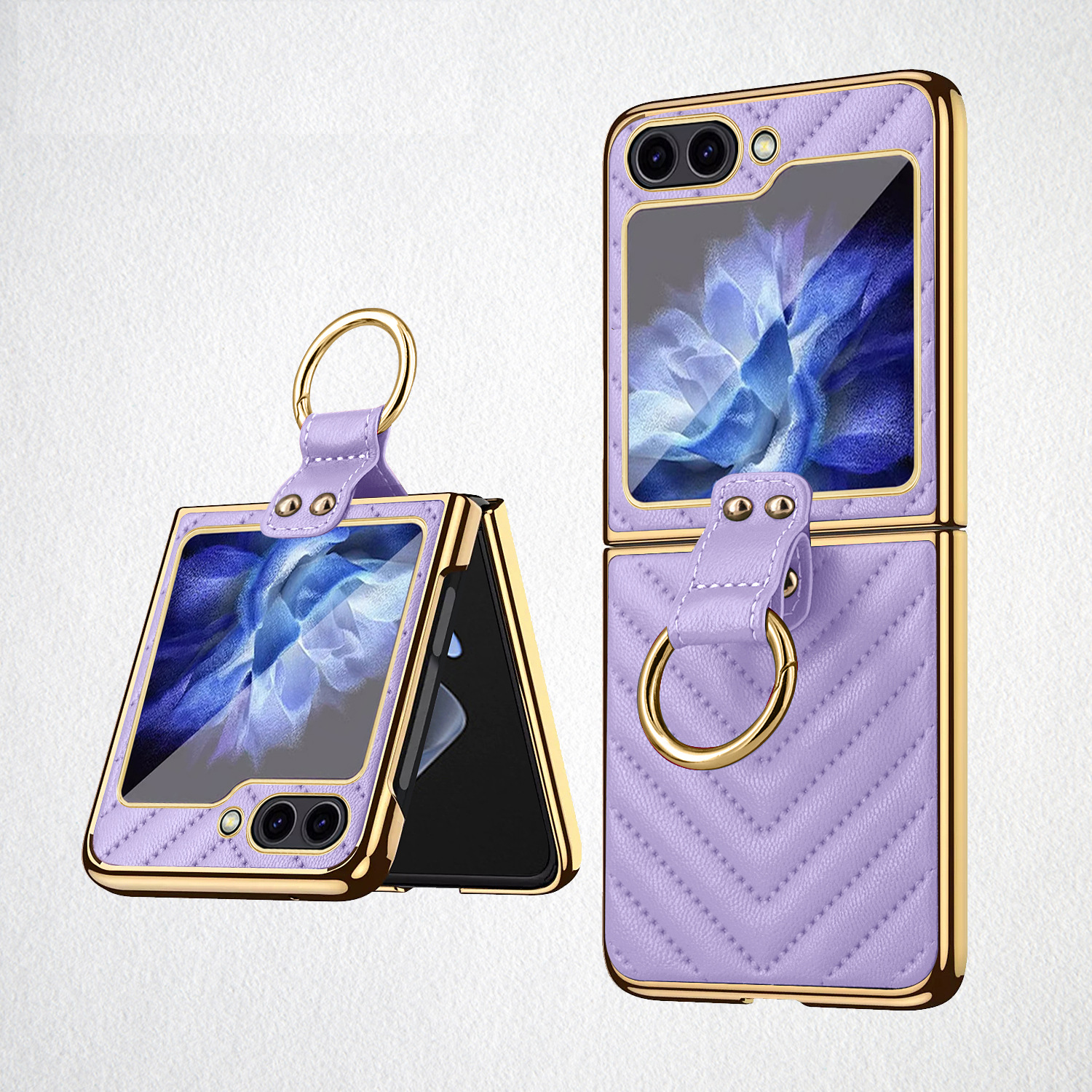Compatible with Samsung Z Flip 7/6/5 phone cases, 4/3-inch electroplated leather V-pattern ring case, shockproof protective case.