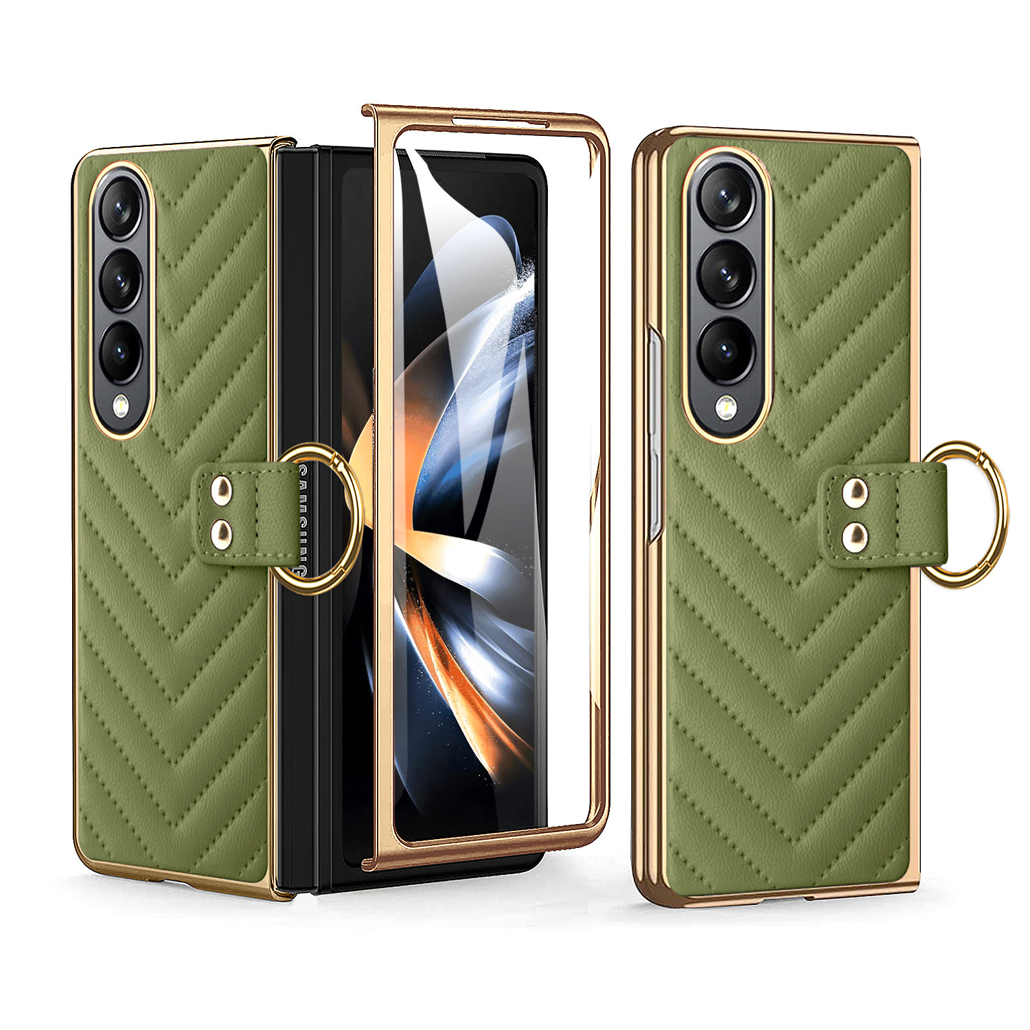 Compatible with Samsung Z Flip 7/6/5 phone cases, 4/3-inch electroplated leather V-pattern ring case, shockproof protective case.