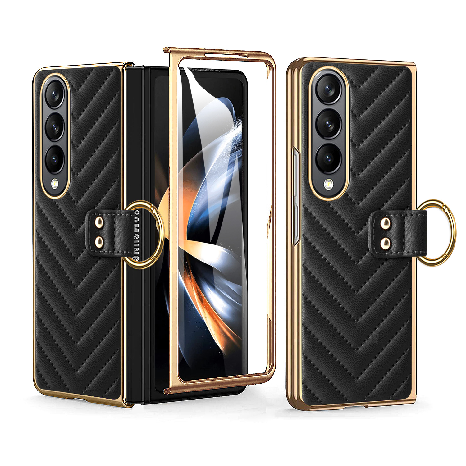 Compatible with Samsung Z Flip 7/6/5 phone cases, 4/3-inch electroplated leather V-pattern ring case, shockproof protective case.