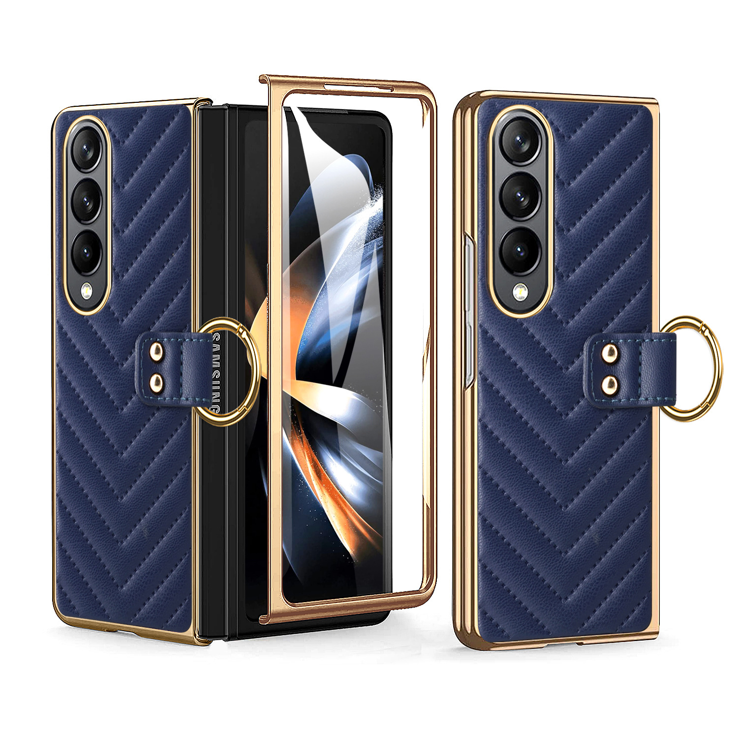 Compatible with Samsung Z Flip 7/6/5 phone cases, 4/3-inch electroplated leather V-pattern ring case, shockproof protective case.