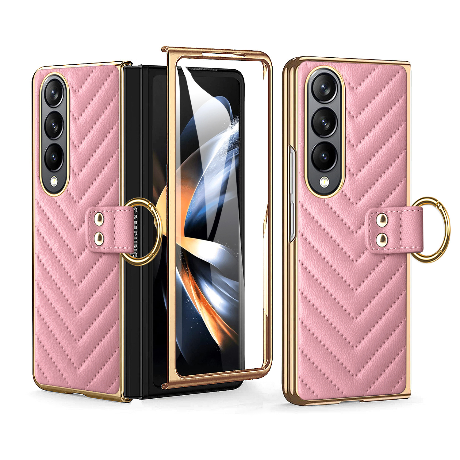 Compatible with Samsung Z Flip 7/6/5 phone cases, 4/3-inch electroplated leather V-pattern ring case, shockproof protective case.