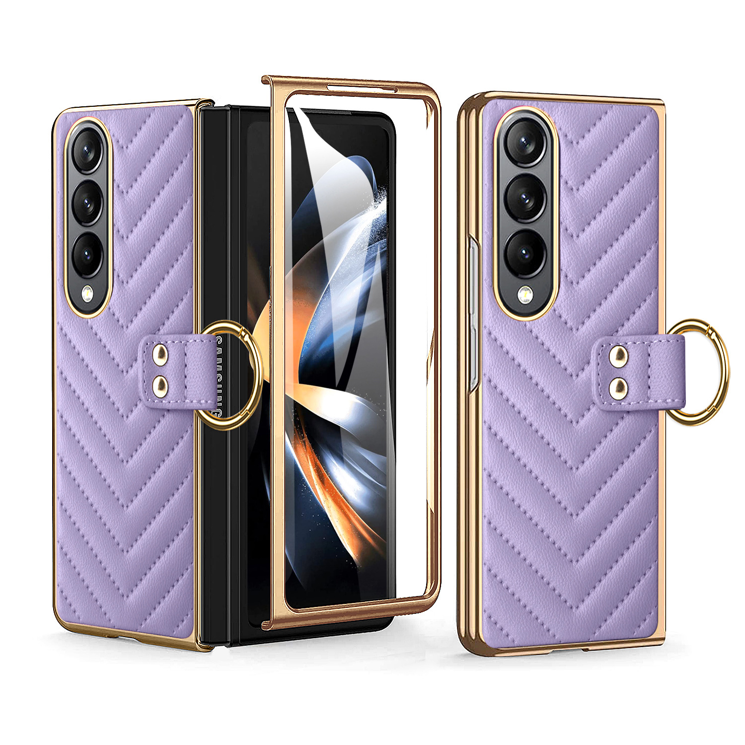 Compatible with Samsung Z Flip 7/6/5 phone cases, 4/3-inch electroplated leather V-pattern ring case, shockproof protective case.