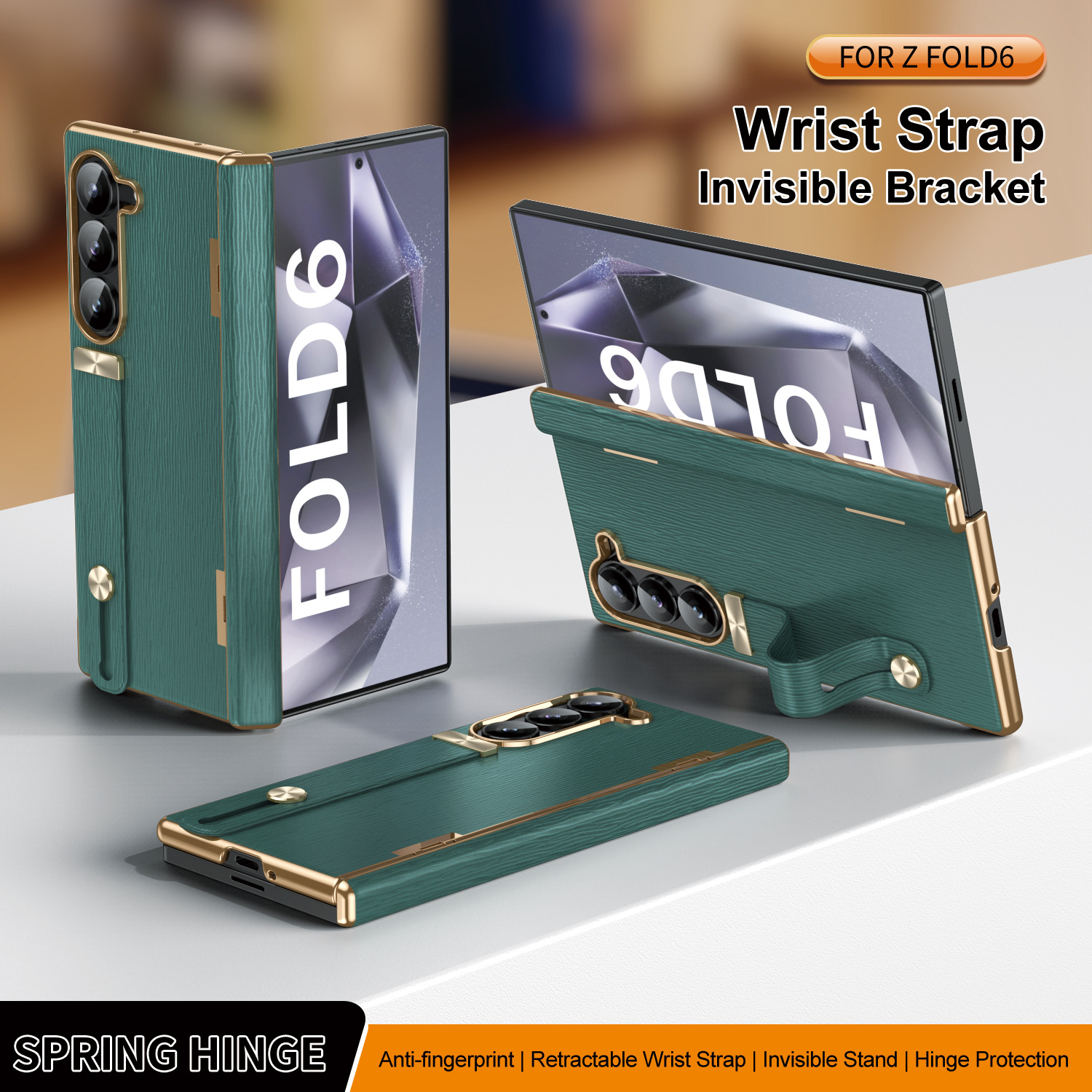 Compatible with Samsung ZFold 8/7 phone case, 6/5 electroplated leather wrist strap, stand, 4/3 hinge, drop-proof case