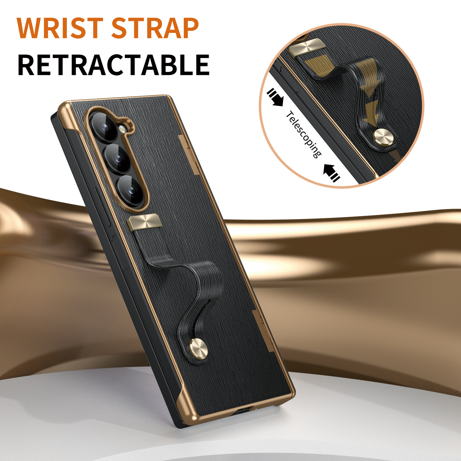 Compatible with Samsung ZFold 8/7 phone case, 6/5 electroplated leather wrist strap, stand, 4/3 hinge, drop-proof case