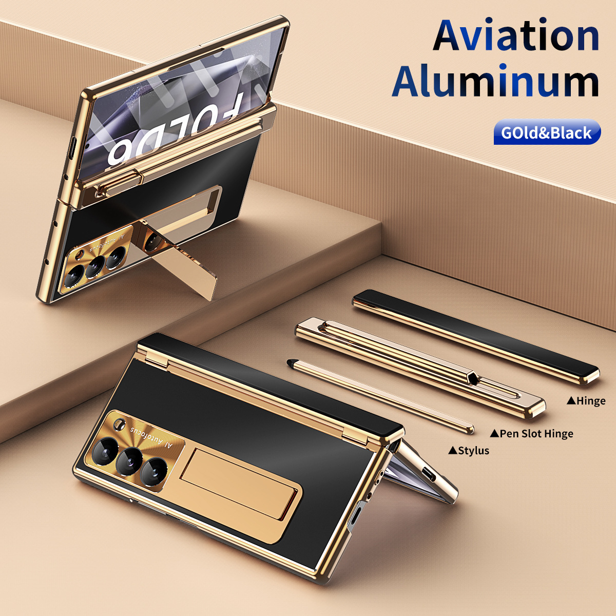 Compatible with Samsung Z Fold8/7/6 phone cases, aluminum alloy dual-hinge pen slot S Pen pen folding screen protective case