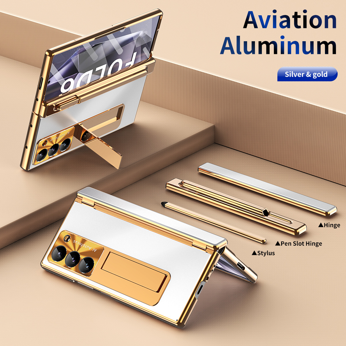 Compatible with Samsung Z Fold8/7/6 phone cases, aluminum alloy dual-hinge pen slot S Pen pen folding screen protective case