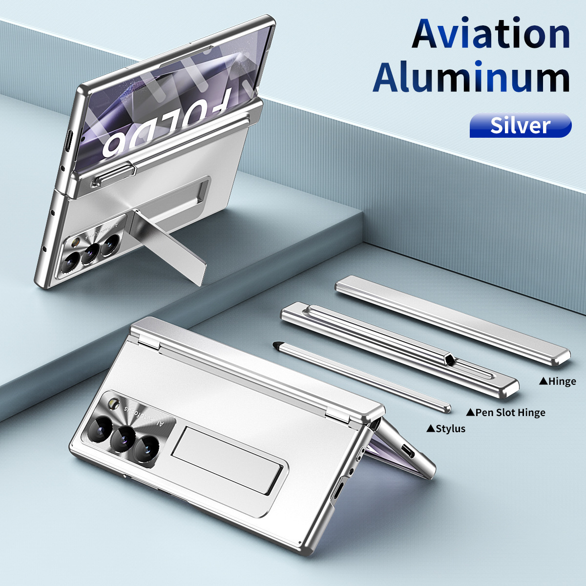 Compatible with Samsung Z Fold8/7/6 phone cases, aluminum alloy dual-hinge pen slot S Pen pen folding screen protective case