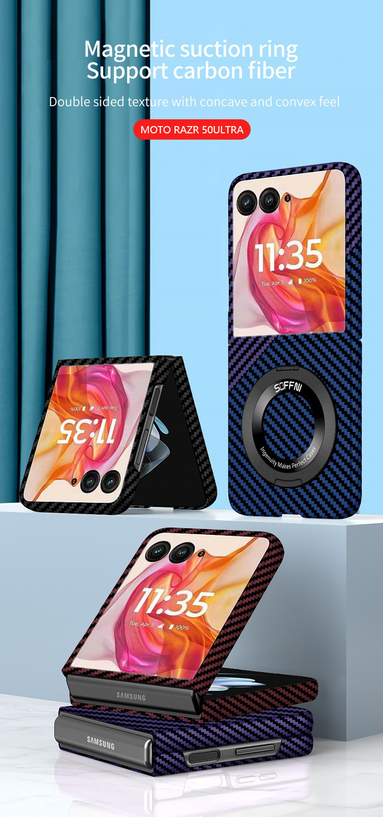 Compatible with Motorola Razr 60 phone case 50/40 Ultra carbon fiber texture 360 magnetic stand protective case