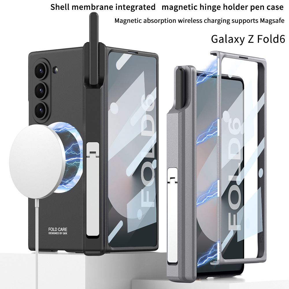 Compatible with Samsung Z Fold6 phone case, magnetic hinge stand, pen case, wireless charger, W25 full-coverage protective case.